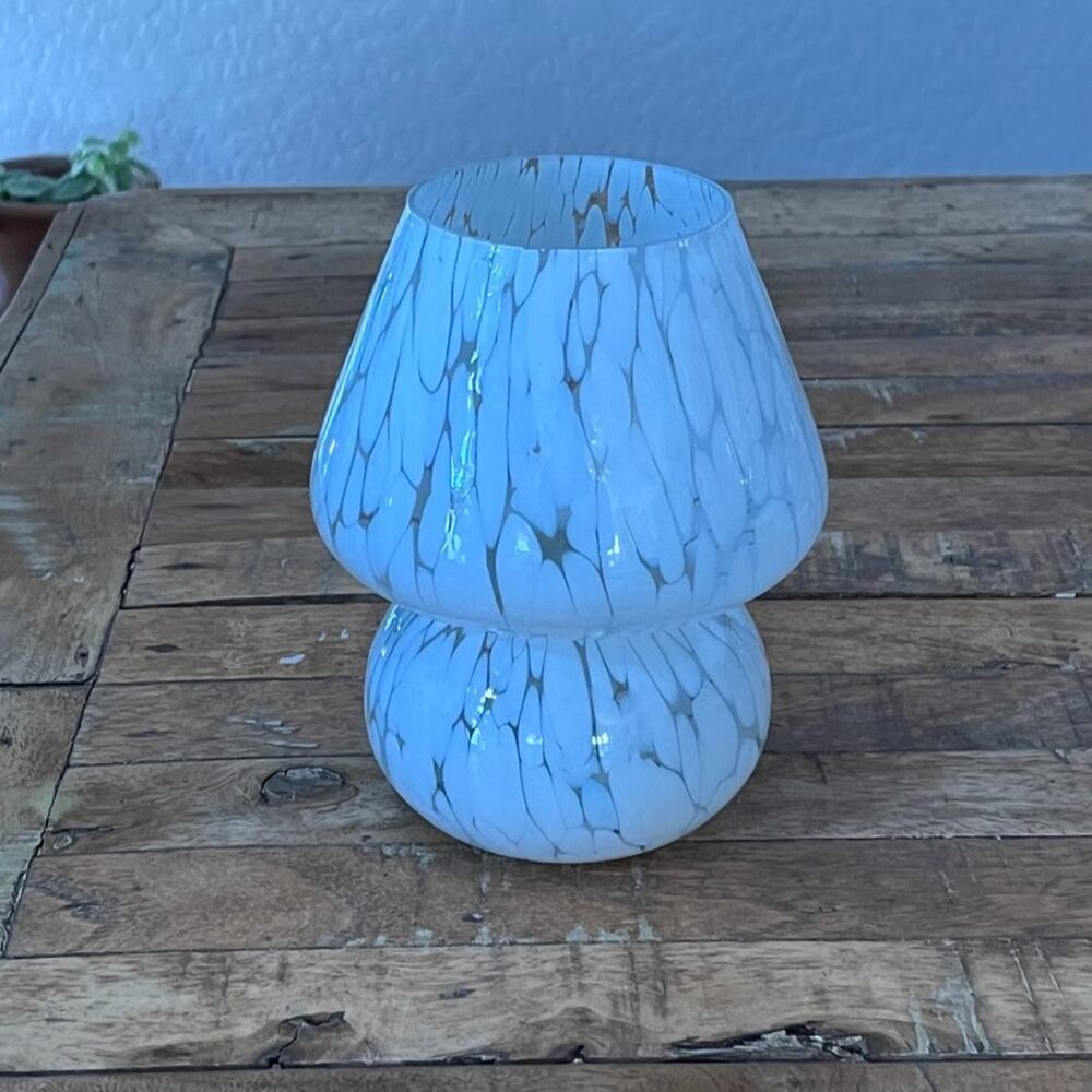 Hand Blown Mushroom-Shaped Tea Light Candle Holder 7" White Crackle Design